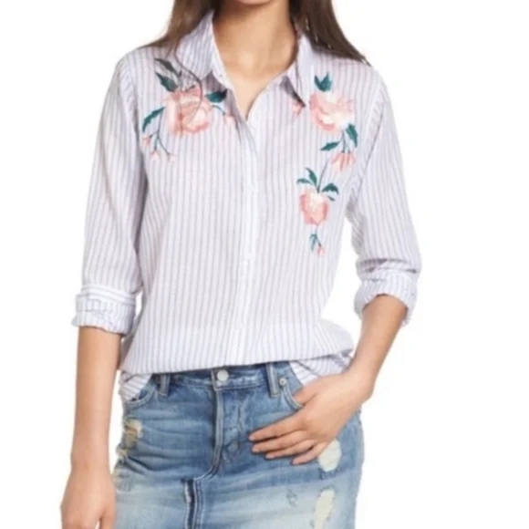 Rails Nevin Stripe Pink Floral Embroidered Top Sz M Button Up - Picture 1 of 6